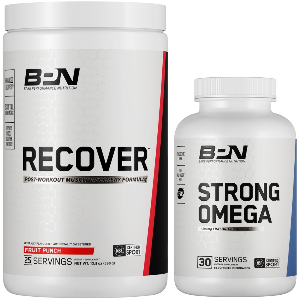 BARE PERFORMANCE NUTRITION BPN Recover Post-Workout Muscle Recovery Drink Mix – Fruit Punch 25 Servings + Strong Omega Fish Oil Soft Gel 30 Servings | Recovery + Heart & Brain Health Bundle