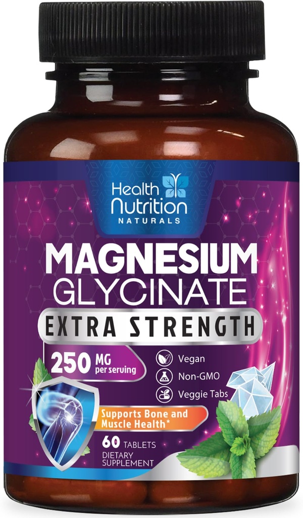 Magnesium Glycinate 250mg Per Serving - High Absorption 100% Chelated Magnesium Formula - Muscle, Nerves, Bone & Heart Health Support Supplement, Gluten-Free Non-GMO Vegan - Bottled USA - 60 Tablets