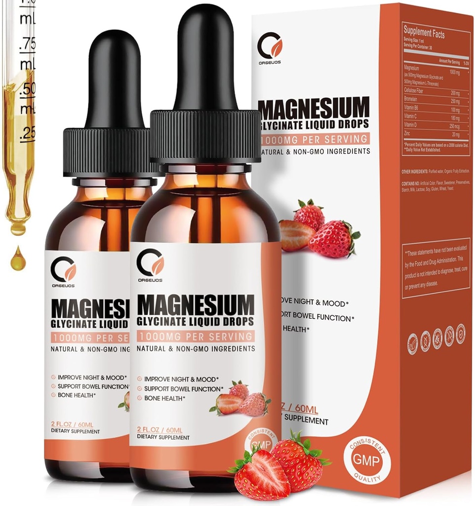 Magnesium Glycinate Liquid Drops,1000 mg Liquid Magnesium Supplement med Bromelain, Vitamin B6 C D, High Absorption Magnesium Komplex för natt, Muscle & Energy Support, 2 Fl Oz (Pack of 2)