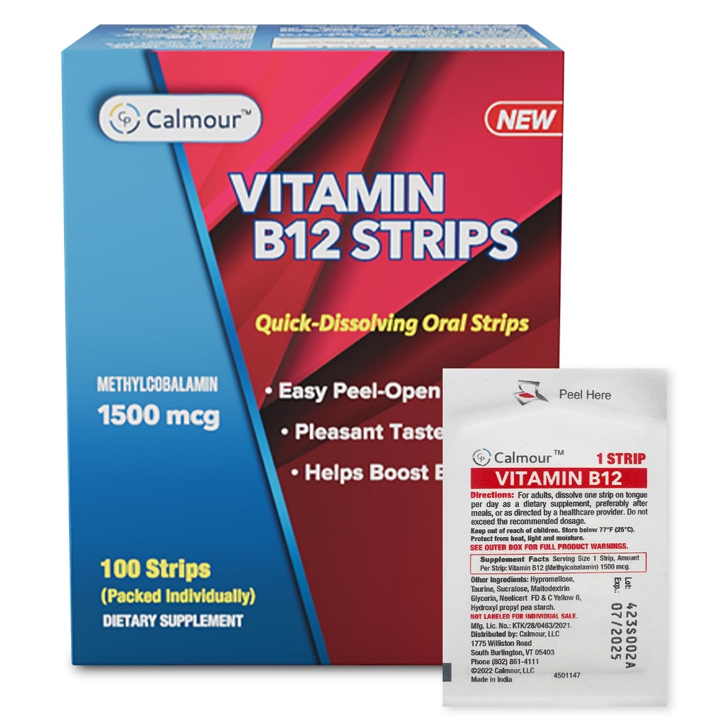Vitamin B12 Strips 100 Pack | Easy Oral Dissolvable Mint Flavored Strips | 1500 mcg Strips | Vit B12 Dissolve under Tongue | Methylcobalamin B-12 Vitamin Formula | Vegan Friendly & Gluten Free