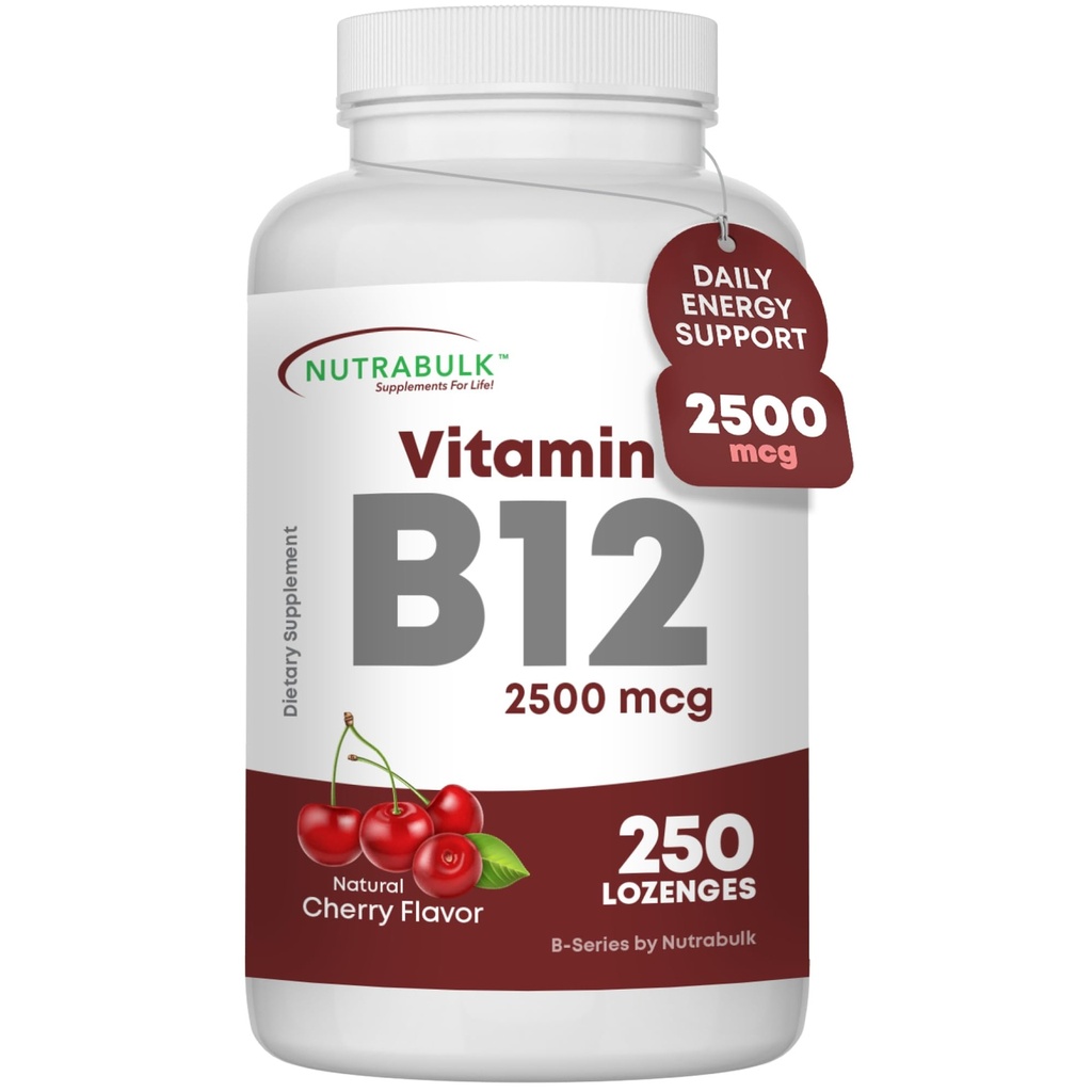 NutraBulk Vitamin B12 2500 mcg Quick Dissolve Lozenges - Cherry Flavored B-12 Sublingual - B12 Vitamins Supplement (as Cyanocobalamin) for Energy & Red Blood Cell Support - Made in USA (250 Count)