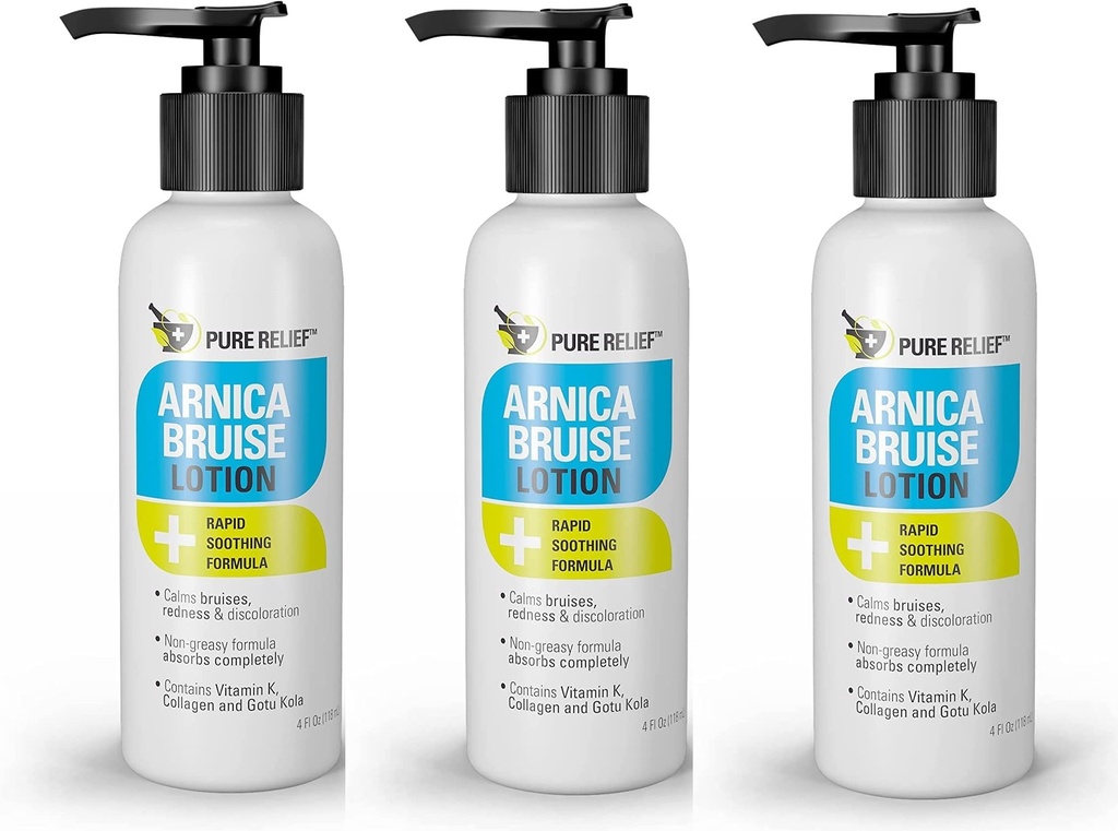 Pure Relief Arnica Cream Bruise Relief Lotion For Bruising | Arnica Montana Extra Strength Vitamin K Cream | Moisturizing Formula Skin Care Gel With Horse Chestnut & Collagen, 4 Fl Oz, 3PC