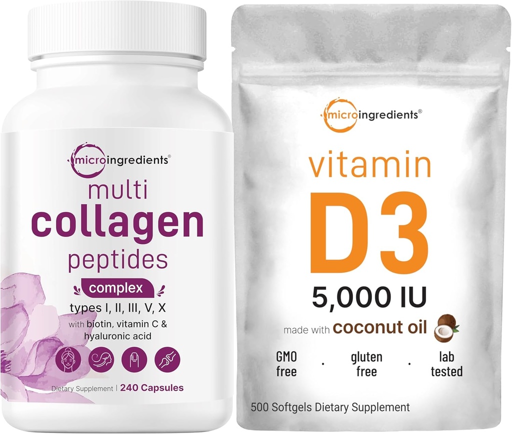 Micro Ingredients Multi Collagen Pills & Vitamin D3 5,000 IU Bundle Pack | Grass-Fed Collagen Peptides | Vitamin D as Cholecalciferol