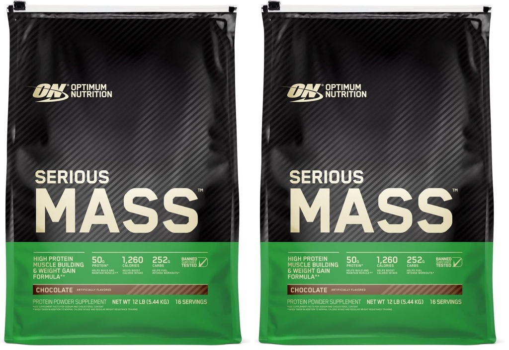 Optimum Nutrition Serious Mass, Weight Gainer Protein Powder, Mass Gainer, Vitamin C and Zinc for Immune Support, Creatine, Chocolate, 12 Pound (Packaging May Vary) (Pack of 2)