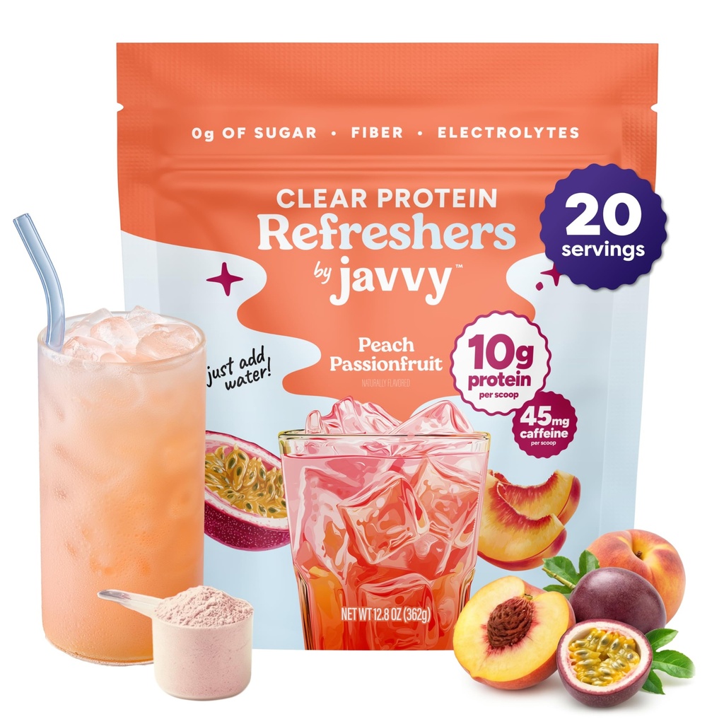 Javvy Clear Protein Refresher Drink Mix – 10g of Whey Protein and Collagen Peptides, Electrolytes Powder, Natural Flavors, 0g of Sugar, 45mg Caffeine, 20 Servings, Peach Passion