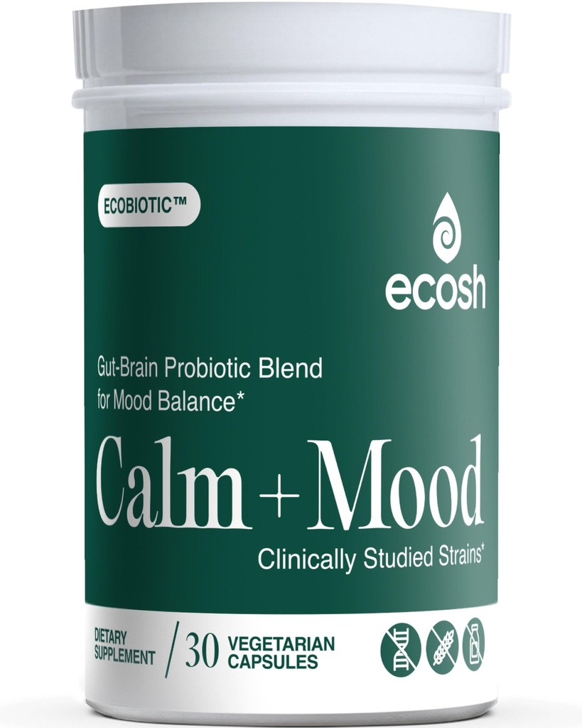 Ecobiotic Calm + Mood Probiotic — Gut–Brain Mood Support Supplement with Clinically Studied Strains (L. helveticus R0052, B. longum R0175, L. rhamnosus GG, L. plantarum 1012), Ashwagandha, VIT C & B6