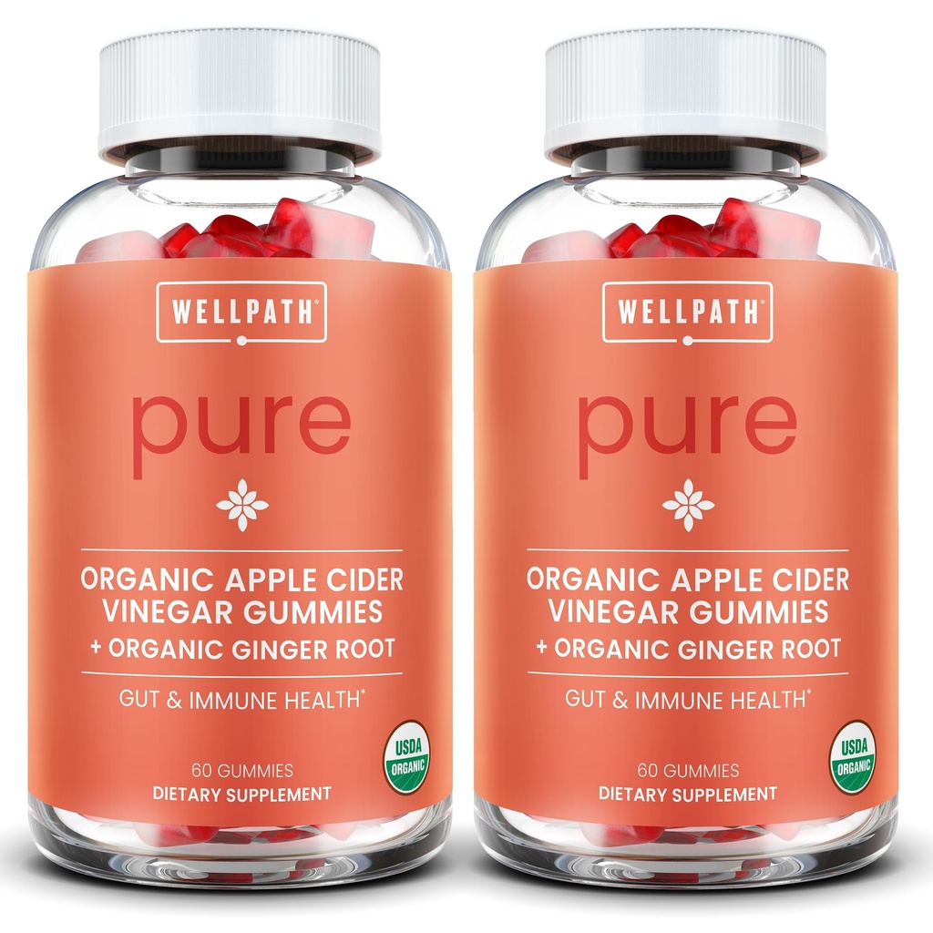 WellPath Pure ACV Gummies (2 Pack) - Apple Cider Vinegar with Mother - USDA Organic Gummy with Ginger for Gut Health | Vegan, Non-GMO, 120 Ct