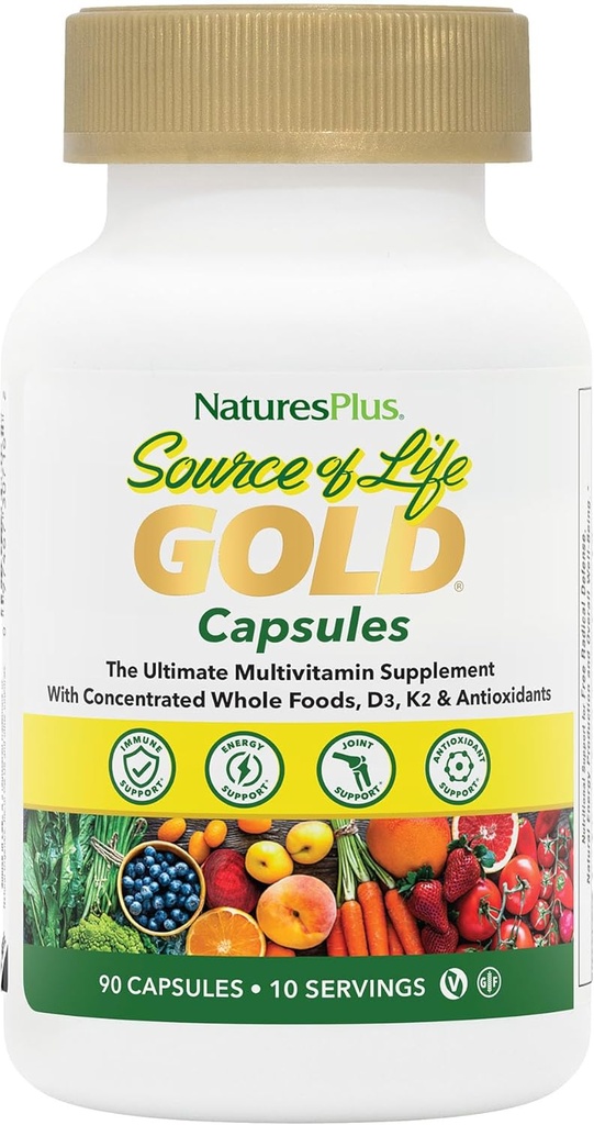 NaturesPlus Source de vie Multivitamine d'or - 90 Capsules végétariennes - avec des vitamines D3, B12, K2 et plus de 120 aliments entiers - Sang, os et immunosupport - Sans gluten - 10 portions