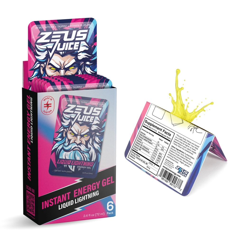 Zeus Juice Instant Energy Gel – 80 mg Natural Caffeine, Clean Pre-Workout, On-The-Go Booster for Endurance & Focus | Fast-Acting Energy, Vegan, Gluten-Free, B Vitamins | 6 Pack (Citrus Thunder)