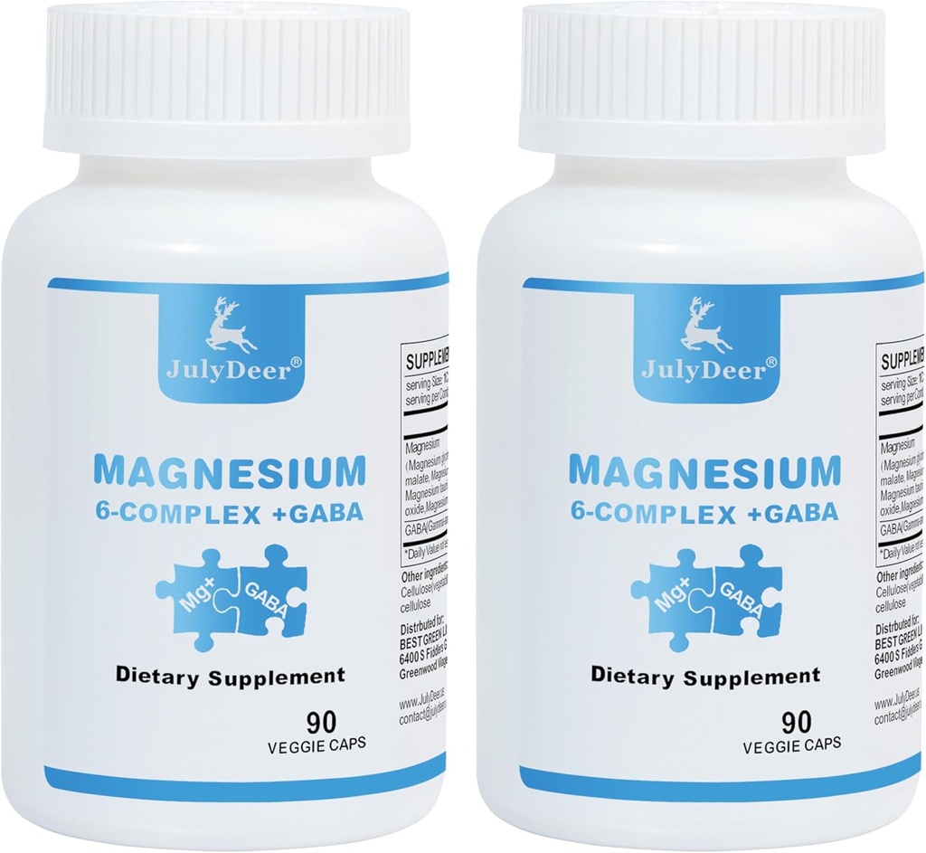 2 flasker Sixfold Magnesium Complex | 350 mg magnesiumglykinat, malat, Citrate, Taurin, Oxid, L-treonat for muskler, Nerver, & energi, GABA søvnstøtte | Høy absorpsjon | Vegansk | 90 kapsler