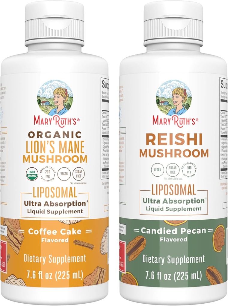 MaryRuth Organics Lion's Mane Liposomal (Cake au café) & Reishi Mushroom (Pécan Candé)