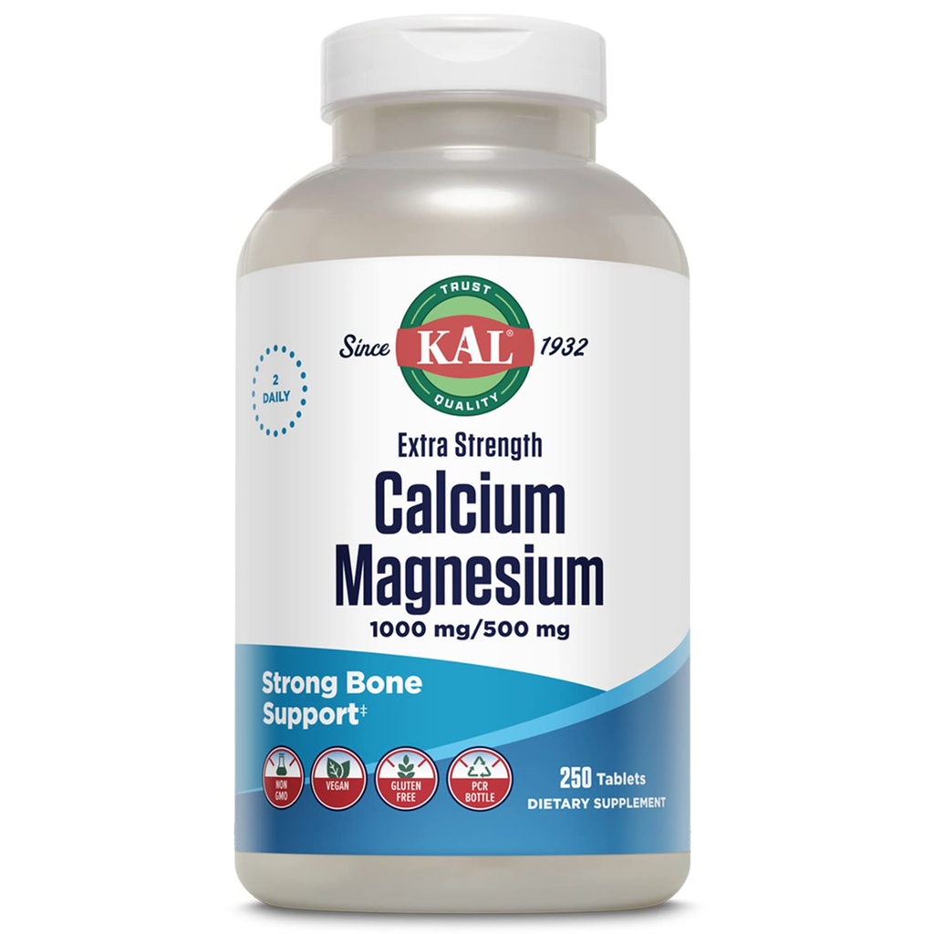 KAL Extra Strength Calcium Magnesium Supplement for Women and Men - with Calcium 1000mg and Magnesium 500mg - Supports Healthy, Strong Bones - Vegan, Gluten Free, Non-GMO - 125 Servings, 250 Tablets