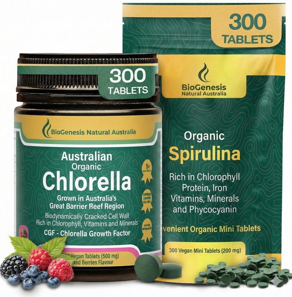 Biogenesis Australian Superfood Duo – Organic Spirulina (200mg) & Berry Chlorella (500mg) – 300 Tablets Each (600 Total) – Complete Green Algae Complex for Daily Energy, Immune Support & Natural Detox