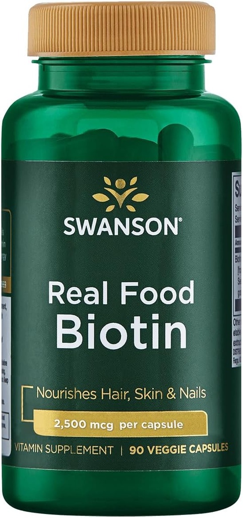 Swanson Real Food Biotin bitamina B-7 Ile-azala Nail Metabolismoa Osasuna Hummingbird Tree Extract Vegan Gluten-Free Ez-GMO B7 5000 mcg 90 Veggie kapsulak (Caps)