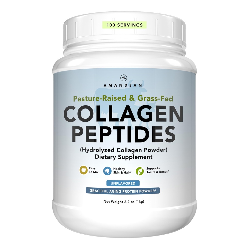 AMANDEAN Collagen Peptides Powder 1kg. Grass-Fed, Enzymatically Hydrolyzed, Type 1 & 3. Agglomerated, Easy to Mix, Unflavored, Non-GMO. Protein with 18 Amino Acids for Healthy Skin, Hair, Nails.