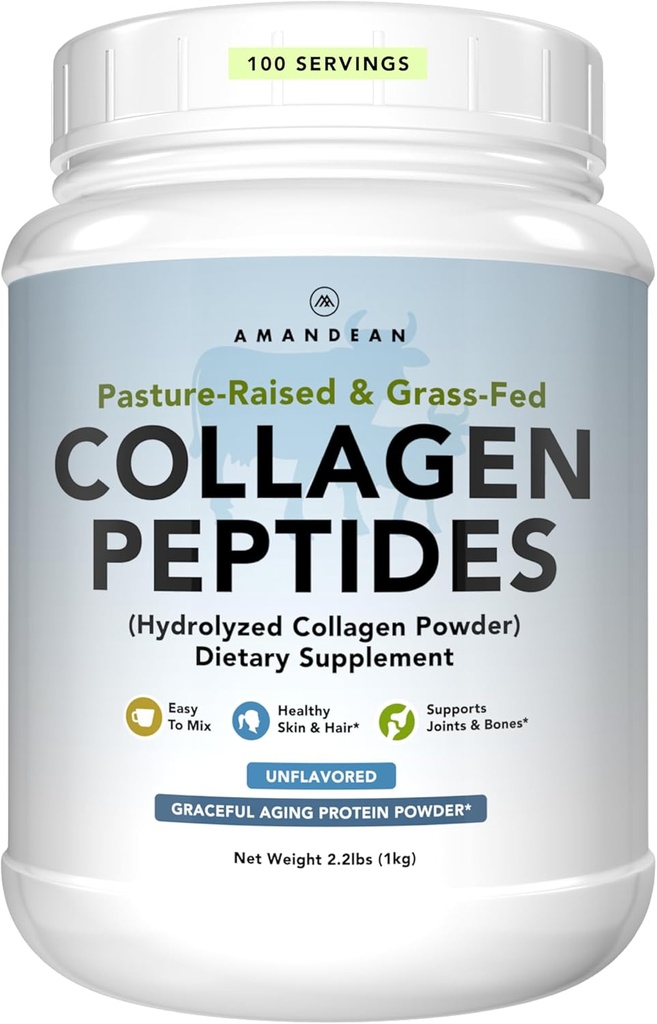 AMANDEAN Collagen Peptides Powder 1kg. Grass-Fed, Enzymatiskt Hydrolyserad, Typ 1 & 3. Agglomerad, lätt att blanda, osmakad, icke-GMO. Protein med 18 aminosyror för hälsosam hud, hår, naglar.
