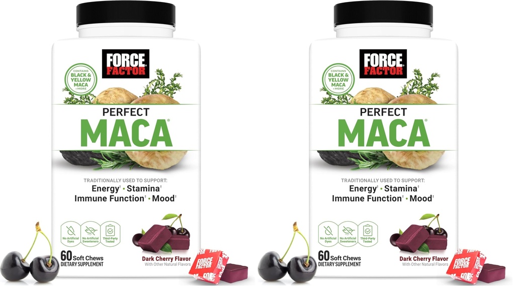 Force Factor Perfect-Maca, Maca Root and DIM Supplement with Saffron to Boost Energy &Mood, with Yellow & Black, Vitamins, Minerals, and Antioxidants, Dark Cherry Flavor,60 Soft Chews,(Pack of 2)