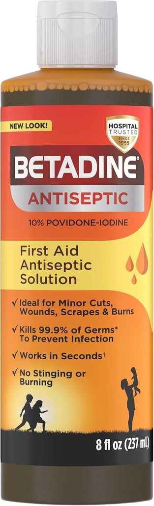 Betadine Antiseptinen ensiapuliuos, Povidoni-jodi 10%, infektiosuoja, tappaa germs pienissä paloissa Scrapes ja Burns, No Sting Lupauksia, Ei alkoholia tai vetyperoksidia, 8 FL OZ