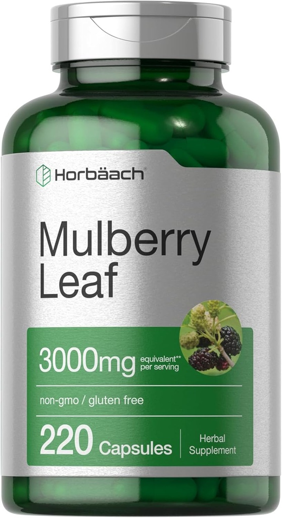 Horbäach Mulberry 잎 추출물 캡슐 3000mg | 220 조사 | 비 GMO, 글루텐 자유로운 초본 보충교재