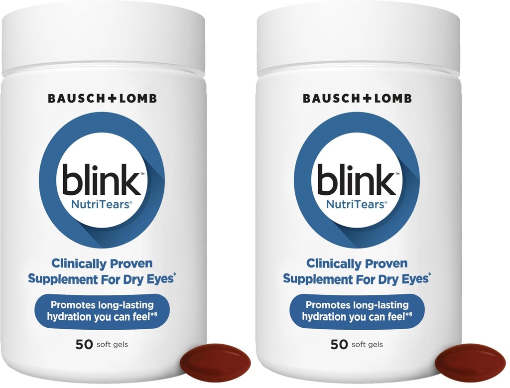 BLINK NutriTears Clinically Proven Supplement for Dry Eyes,Eye Care with Lutein & Zeaxanthin and Vitamin D to Hydrate Eyes from Within for Long-Lasting Relief,50 Softgels,(Pack of 2)