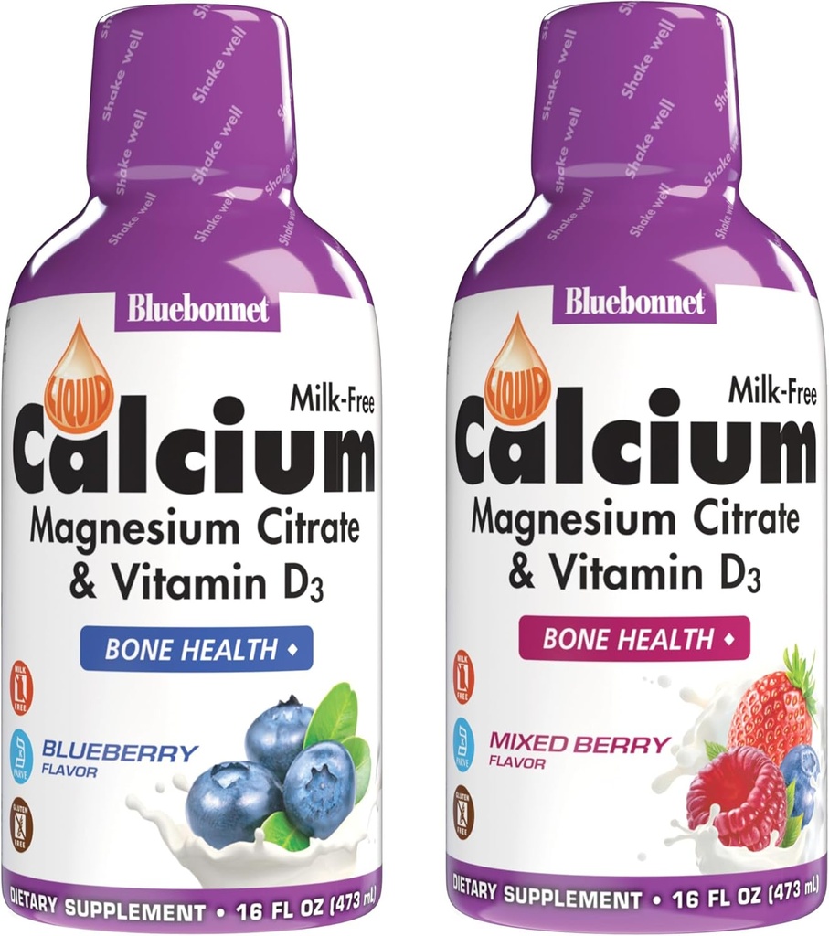 BlueBonnet Nutrition Liquid Calcium Citrat Magnesium Citrat, Vitamin D3, Knochengesundheit, Glutenfrei, Sojafrei, Milchfrei, Kosher, Blueberry und Mischbeere Combo