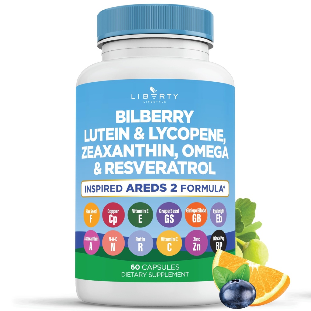 Liberty Lifestyle Eye Health Vitamins with Bilberry Lutein & Zeaxanthin, Lycopene, Resveratrol, Grape Seed Extract, Flaxseed Astaxanthin- AREDS 2 - Eye Vitamin - 60 Capsules