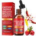 Cayenne Pepper Drops Supplement Liquid, Liquid Cayenne Pepper Drops Organic Extract, Hawthorn Berry, Vitamin K2 & D3 Beet Root Powder, Ceylon Cinnamon (2 Fl Oz (Pack of 1))