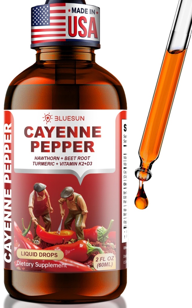 Bluesun Cayenne Pepper Drops with Hawthorn Berry & Beet Root - Liquid Turmeric Curcumin, Vitamin D3 + K2 - Made in USA Herbal Supplement - Daily Wellness Formula - 2 Fl Oz (60ml)