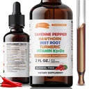 SIRUNES Cayenne Pepper Drops with Hawthorn Beet Root Turmeric Vitamin K2+D3 Liquid Supplement, Alcohol Free, 2 FL OZ, 60 Servings