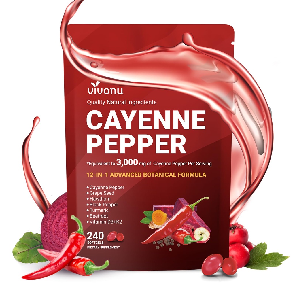 Cayenne Pepper Softgels Supplement, Supports Leg Vein, Heart and Blood Vessel Health, with Vitamin E D3+K2 and Extracts of Grape Seed, Hawthorn, Beetroot, Berberine and Others (Softgels / 1 Bag)