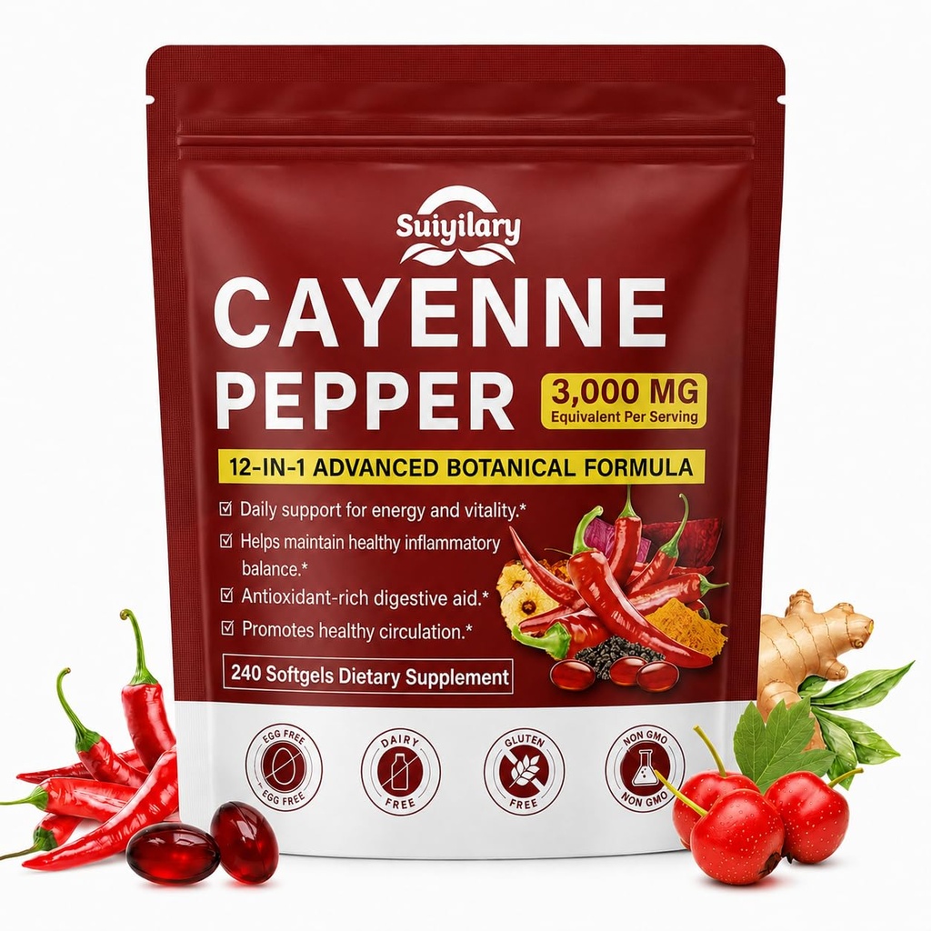 Cayenne Pepper Softgels Capsules, Capsaicin Supplements, Supports Leg Vein, Heart, Blood Vessel Health, 12-in-1 Extracts blend Vitamin E D3+K2, Grape Seed, Hawthorn, Beetroot, Berberine (240 count)