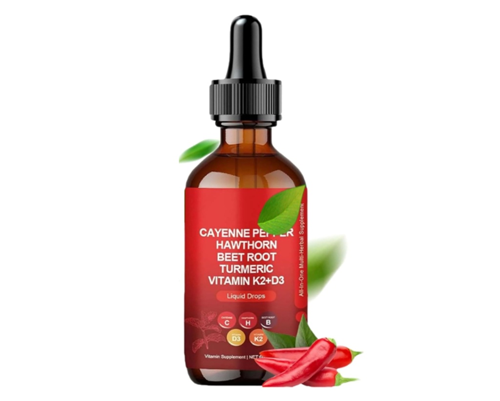 Cayenne Chili Drops Supplement Hawthorn Fruit, Vitamin D3 K2, Beetroot, Turmeric Curcumin, Ceylon Cinnamon -60ml for Vegetarians(1pc)