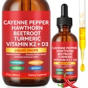 Cayenne Pepper Drops, Cayenne Pepper Supplement Liquid with Hawthorn,Beetroot,Turmeric Curcuma Longa Root(30:1),Vitamin K2 + D3, Cayenne Extract 10:1-100mg, 2 Oz