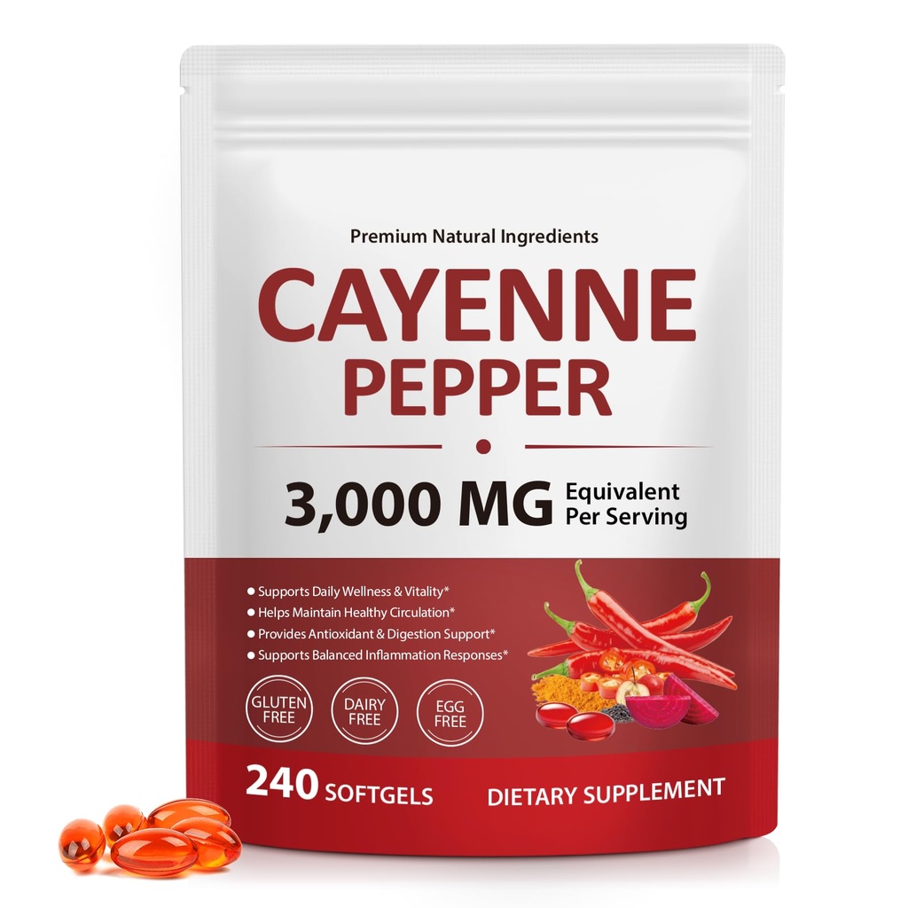 Cayenne Pepper Softgels Supplement, Cayenne Pepper Softgels with Vitamin D3 K2 & E, Grape Seed Extracts, Supports Healthy Blood Circulation, Circulatory Function, Antioxidant Support - 240 Softgels