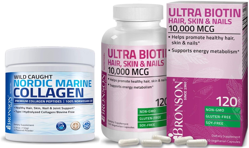 Bronson Marine Collagen Peptides Hydrolyzed Protein Powder + Ultra Biotin 10,000 Mcg Hair Skin and Nails Supplement