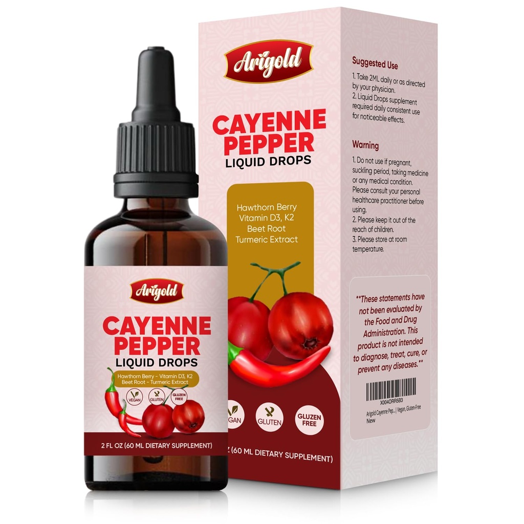 Arigold Cayenne Pepper Drops – Circulation & Energy Support Liquid Supplement with Hawthorn Berry, Beet Root, Turmeric, Vitamins D3 + K2, Ceylon Cinnamon, Berberine & Ginseng – Vegan, Non-GMO, 2 fl oz