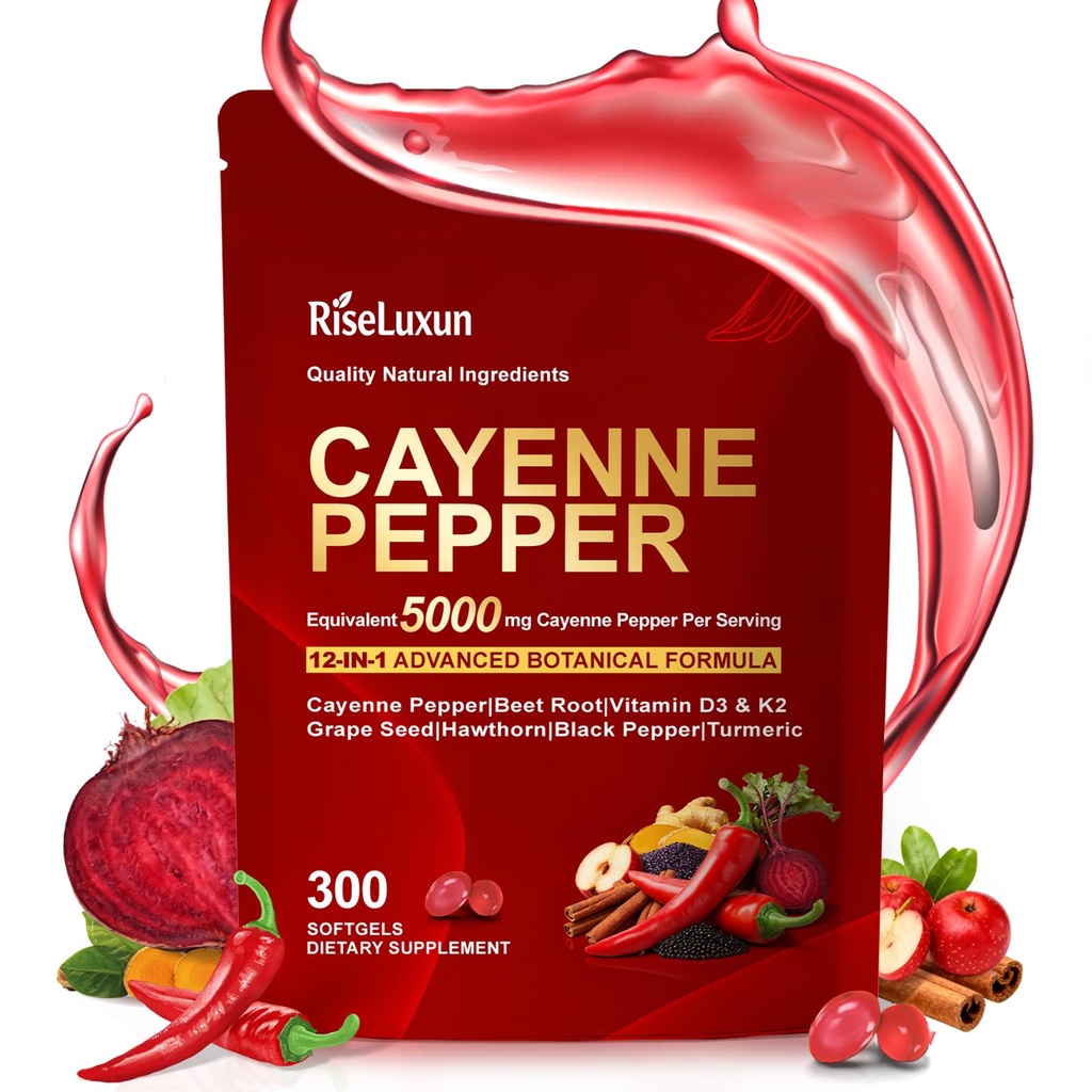 Cayenne Pepper Softgels, with Vitamin D3 K2+E and Extracts of Grape Seed, Hawthorn, Beetroot, Berberine and 12 other extracts, Advanced Vitality & Wellness Formula, For a Healthy Circulatory System