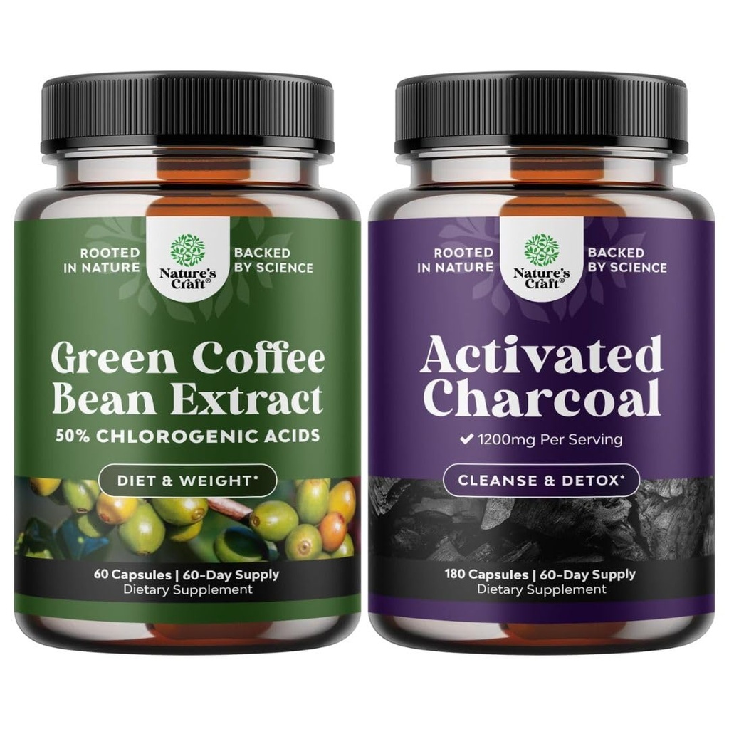 Bundle of Pure Green Coffee Bean Extract for Antioxidant Heart Health Mental Focus and Size Reduction and Cleanse and Detox Activated Charcoal Capsules for Bloating Relief and Body Detox Cleanse