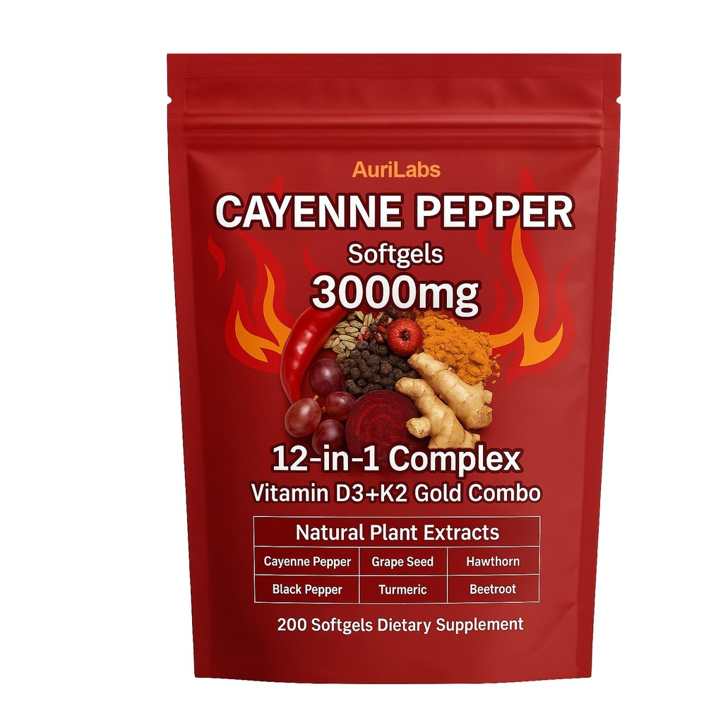 Cayenne Pepper Softgels - Enhanced with Vitamin D3+K2 Complex - Features Grape Seed, Hawthorn & Beetroot Extracts - Herbal Supplement (1)