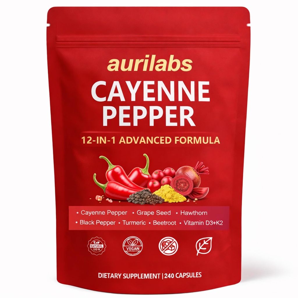 Aurilabs Cayenne Pepper softgels - Vitamin D3+K2 Complex, Circulation Support Formula with Capsaicin & Botanicals, Vegetarian, Non-GMO Softgels for Daily Wellness (1)