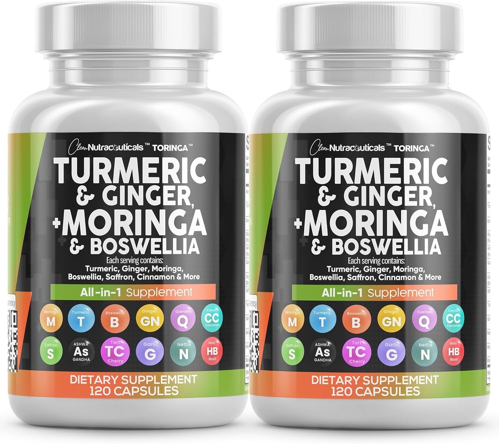 Suplemento Moringa Açafrão de gengibre Boswellia - Suplemento para Mulheres e Homens com Ceilão Canela, Cereja de Tart, Quercetin Garlic Nettle Holy Basil - 2Pack