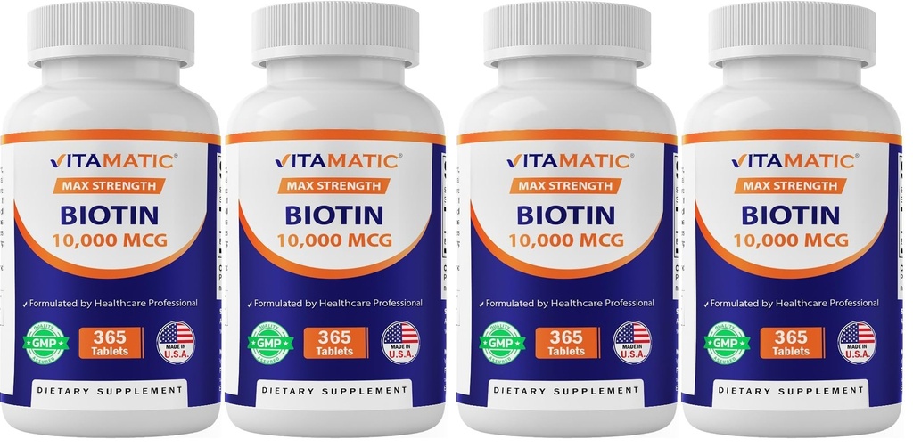 Vitamatic Biotin 10,000 mcg (10 mg) for Stronger Hair, Skin & Nails - 365 Vegan Tablets- Also Called Vitamin B7-4 Pack