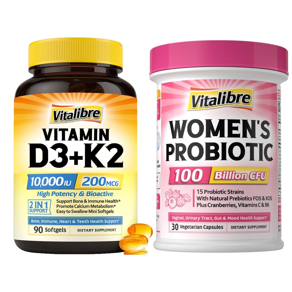 Vitalibre Women's Probiotics 100 Billion CFU & Vitamin D3 K2 10000 IU