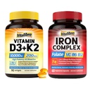 Vitalibre Iron Complex Supplement 60 Capsules & Vitamin D3 K2 Supplement 10000 IU 90 Softgels