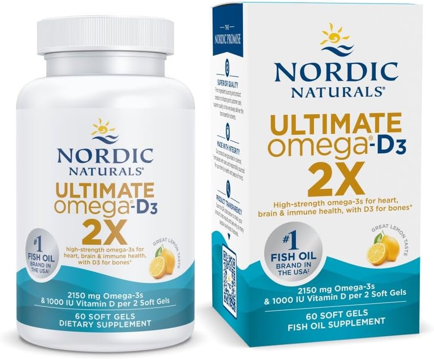 Nordic Naturals Ultimate Omega 2X with Vitamin D3, Lemon Flavor - 60 Soft Gels - 2150 mg Omega-3 + 1000 IU D3 - EPA & DHA - Brain, Heart, & Имунно здраве - 30 Сервиз