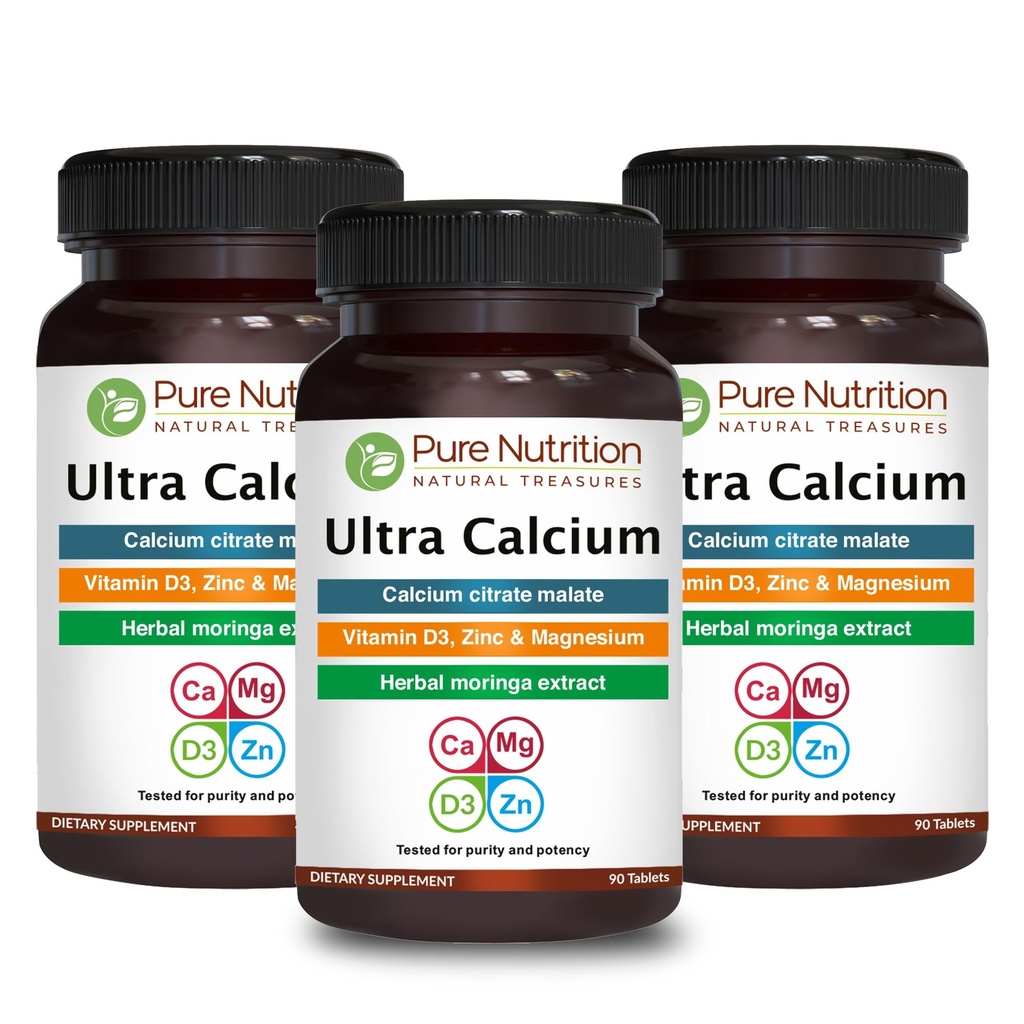 Pure Nutrition Ultra Calcium 1000mg with VIT D3 + K | 270 Tabs (90 X Pack of 3) | Calcium Supplement with Calcium Citrate Malate, VIT D3, K, Moringa Oleifera, Magnesium and Zinc.