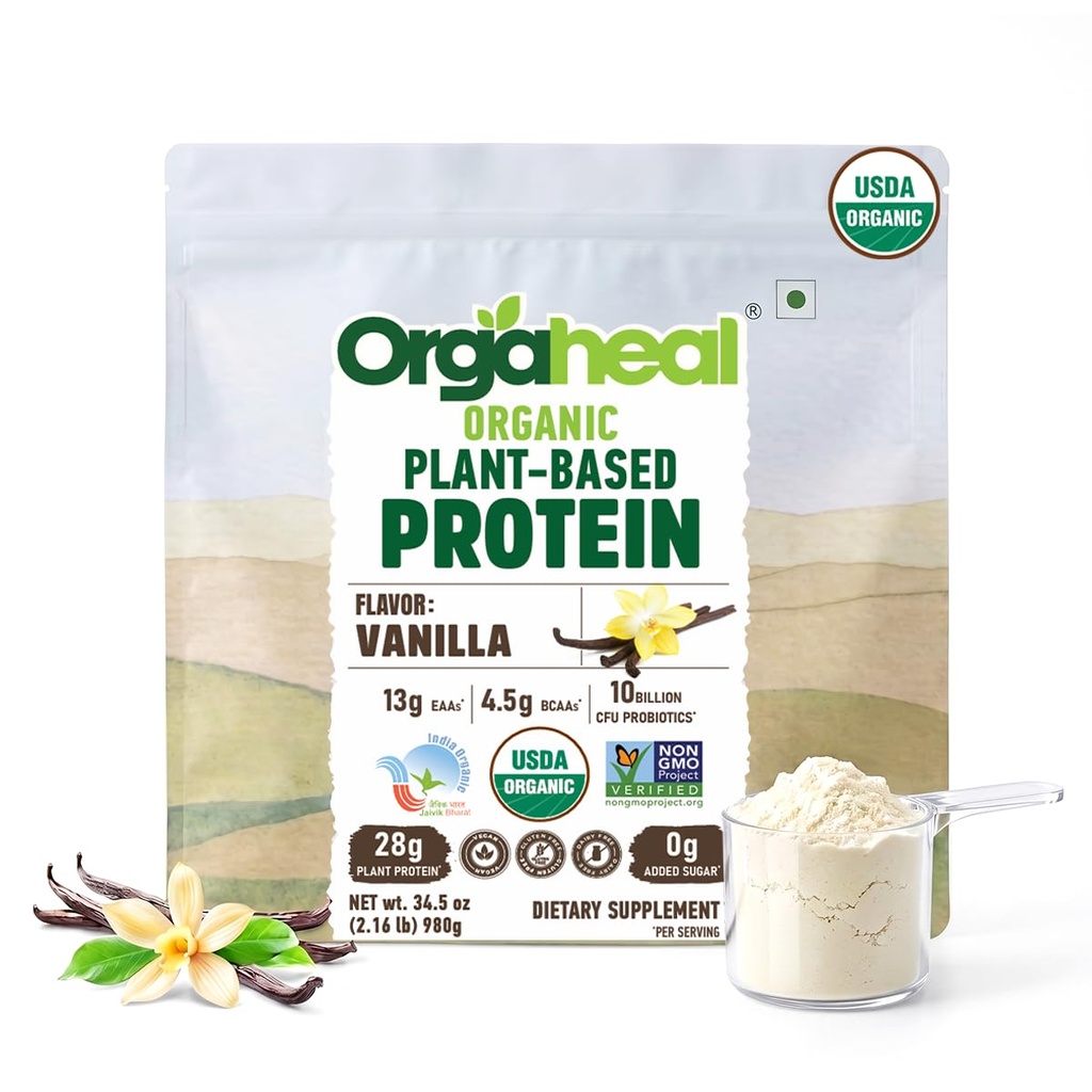 Organic Plant Based Protein Powder | Vanilla Flavor | 28g Plant Protein & 4.5g BCAAs | Pea, Mung Bean & Lentil Protein Blend | Vegan, Gluten Free, No Added Sugar | 34.5 Oz