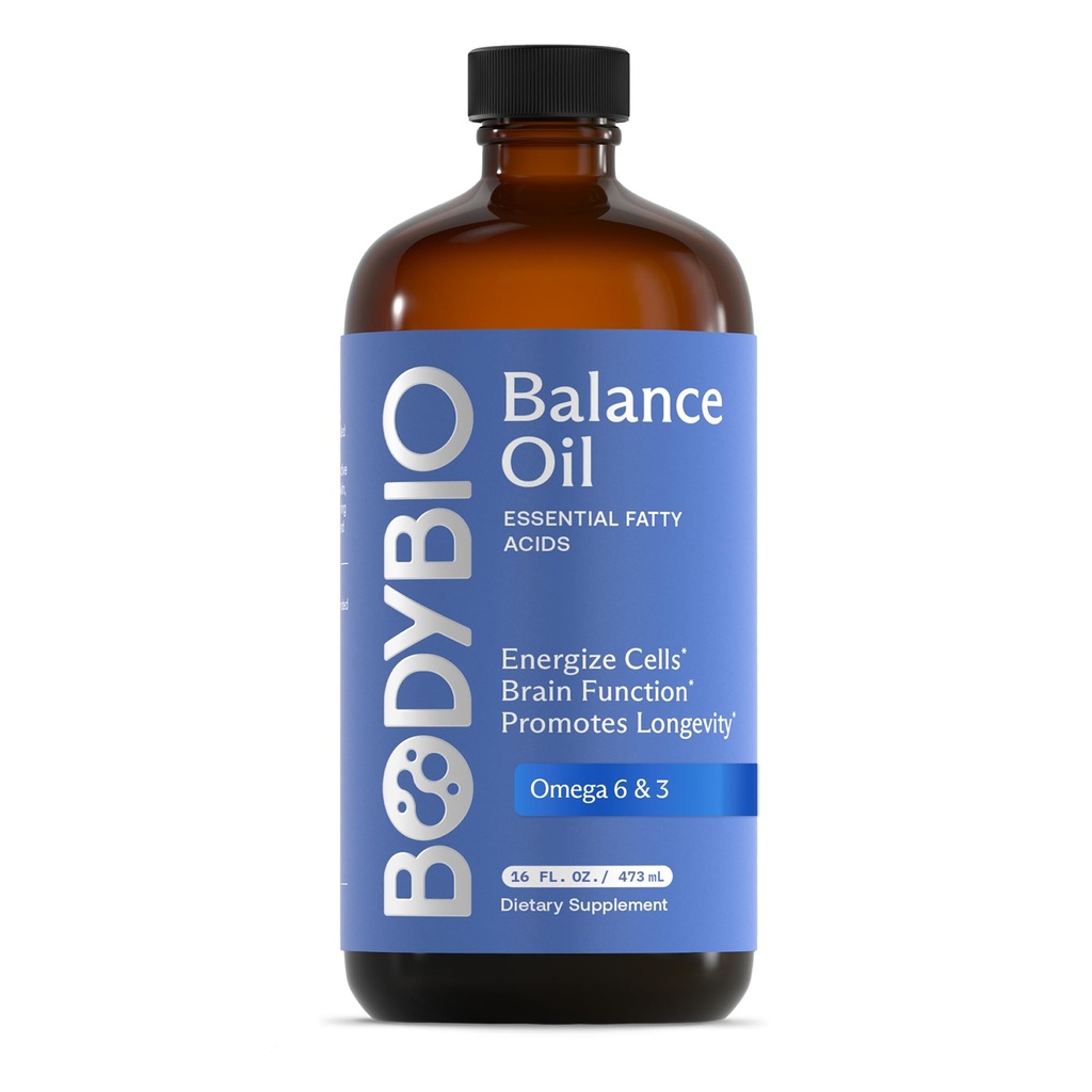 BodyBio Balance Oil - Vegan Omega 3 6 Supplement – Cold-Pressed Safflower & Flaxseed Oil – Supports Brain Function, Healthy Skin, and Mood - 16 FL OZ