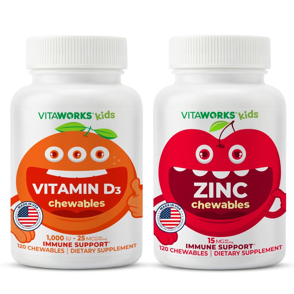 VitaWorks Kids Vitamin D3 1000 IU Chewables + Zinc 15mg Chewables Bundle