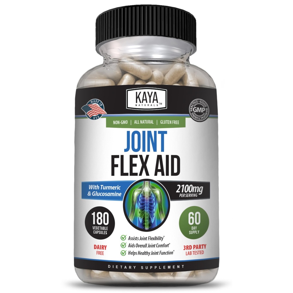 Kaya Naturals Flex Aid - Mobility Support Supplement for Men and Women - Turmeric Capsules with Glucosamine Sulfate, Boswellia Serrata and MSM - for Knee Support and Mobility Health - 180 Count